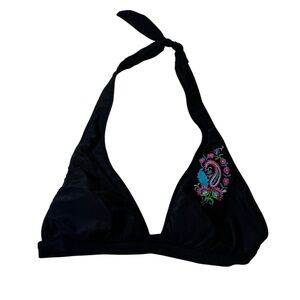 y2k xhilaration black embroidered bikini top vintage retro artistic bold floral
